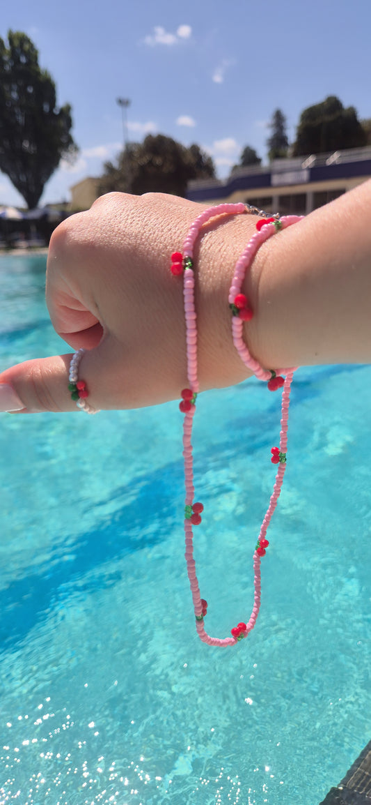 Collana e Bracciale perline Rosa con ciliegine 🍒 mis. Girocollo 40cm + estensione regolab.