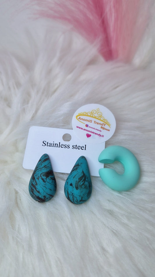 SET orecchini Goccia in soft touch effetto marmorizzato + Earcuff abbinato 100% anallergici