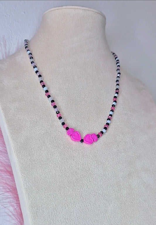 Collana cristalli sfaccettati con doppio Cuore Sacro smaltato misura girocollo 40cm + estens.regolab.