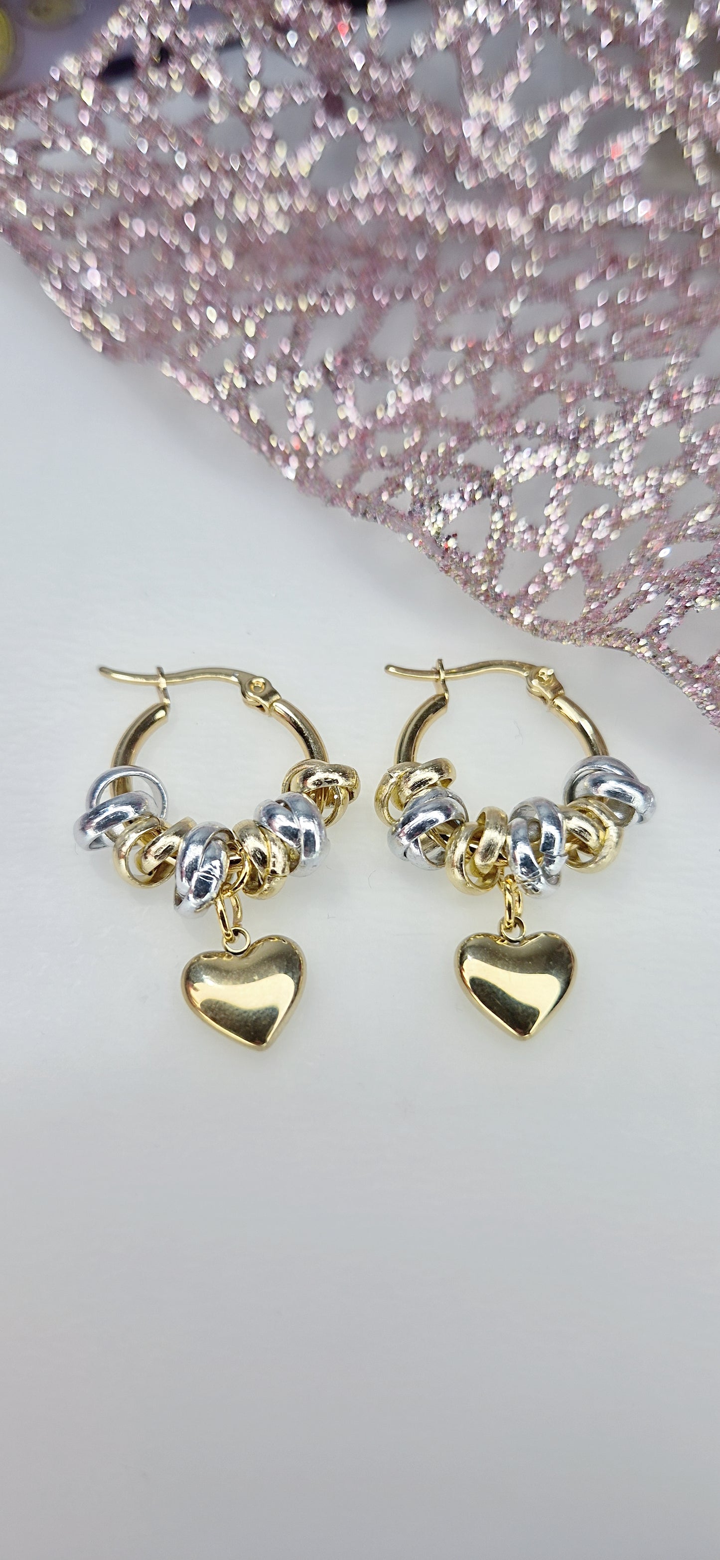 Orecchini cerchi 1.5cm nodini mix e Cuore punto luce 💎 100% acciaio anallergico