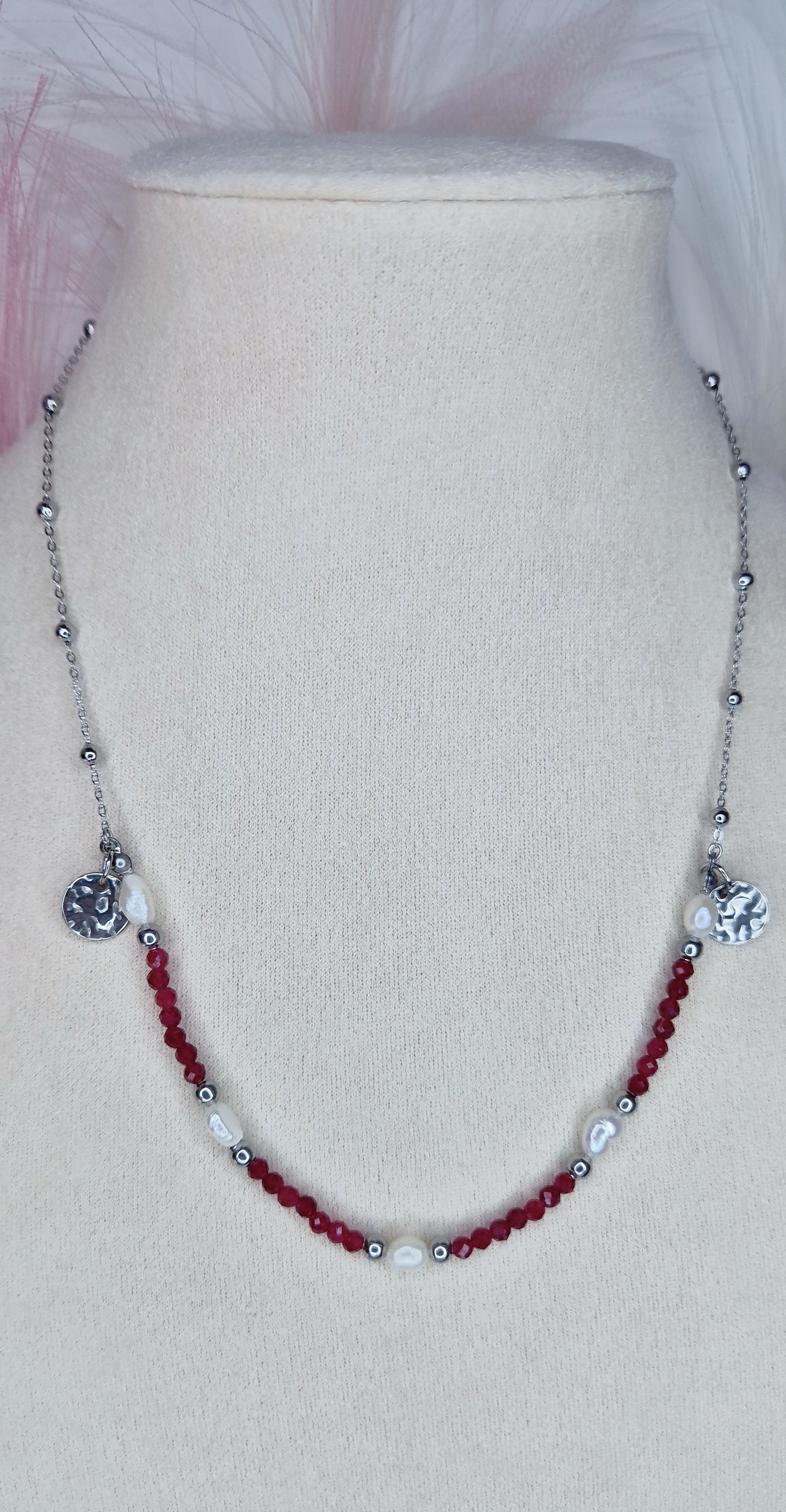 Collana Autumn Vibes in acciaio con pietre naturali e perline di fiume realizzata a mano mis. 45cm regolab.