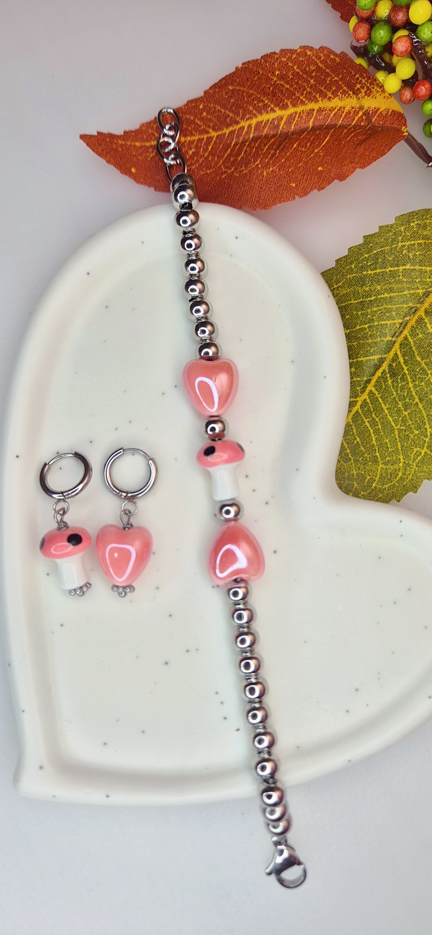 Bracciale e orecchini Cuori & Funghetti 🍄 100% acciaio anallergico silver