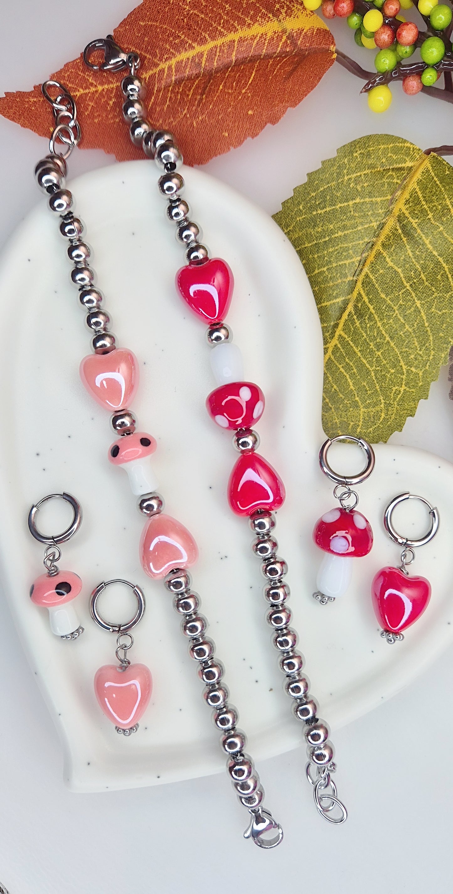 Bracciale e orecchini Cuori & Funghetti 🍄 100% acciaio anallergico silver