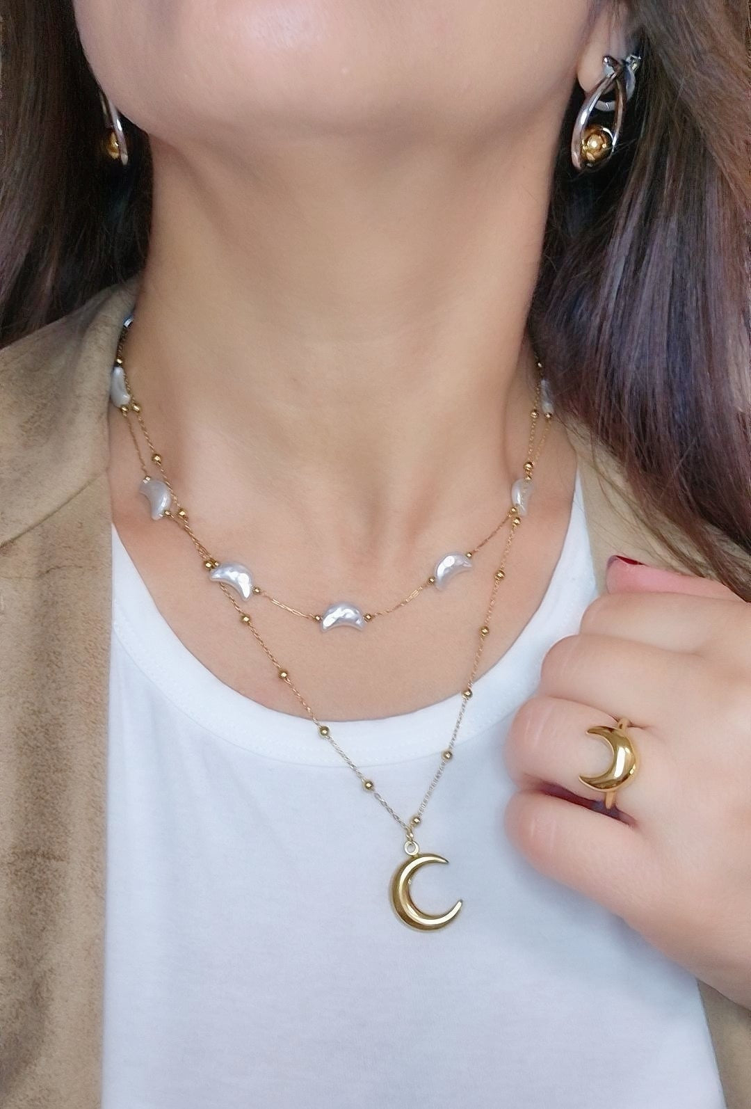 Collana Lune🌙 doppio filo in Acciaio Gold con elementi effetto Madreperla