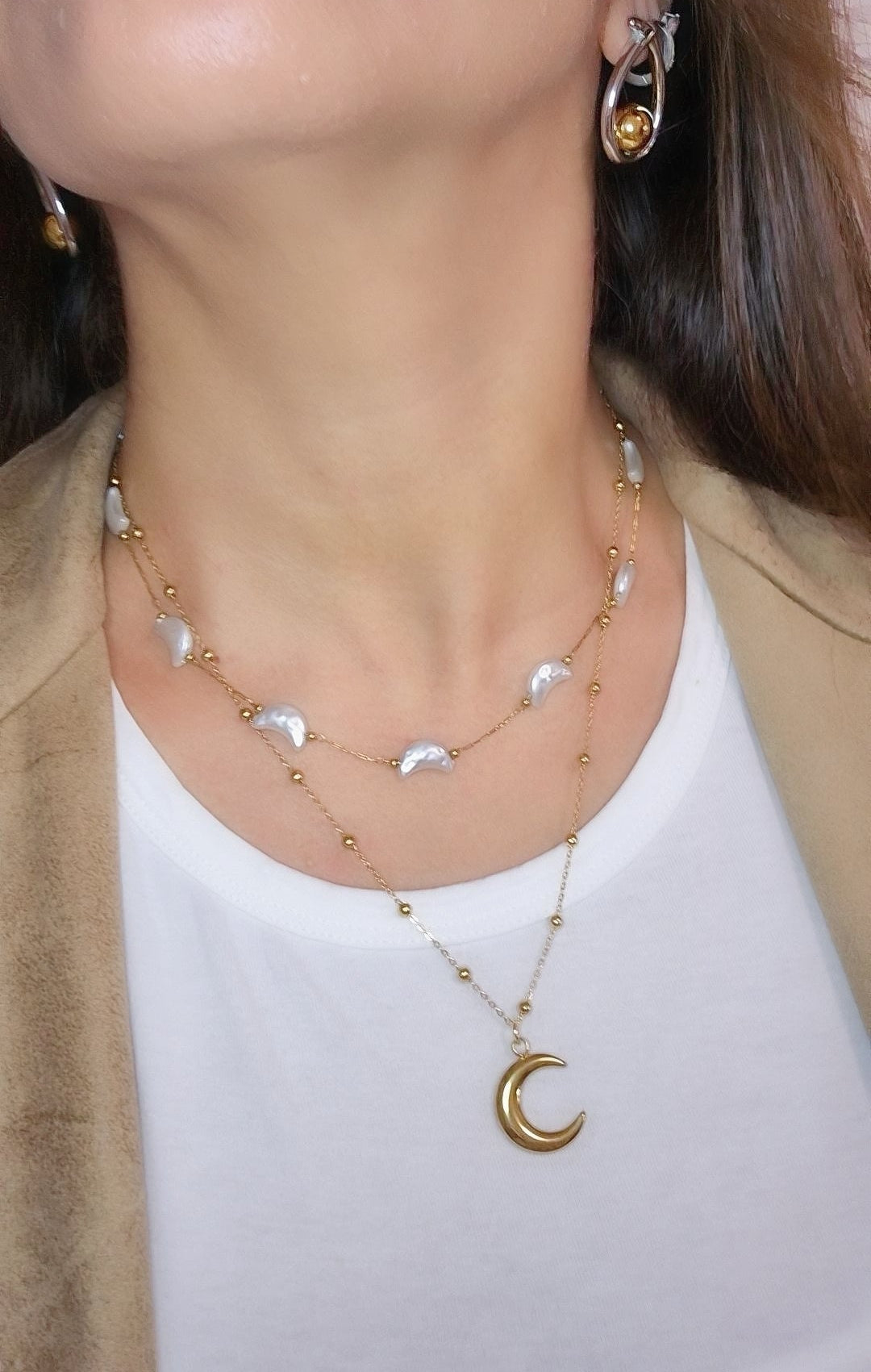 Collana Lune🌙 doppio filo in Acciaio Gold con elementi effetto Madreperla