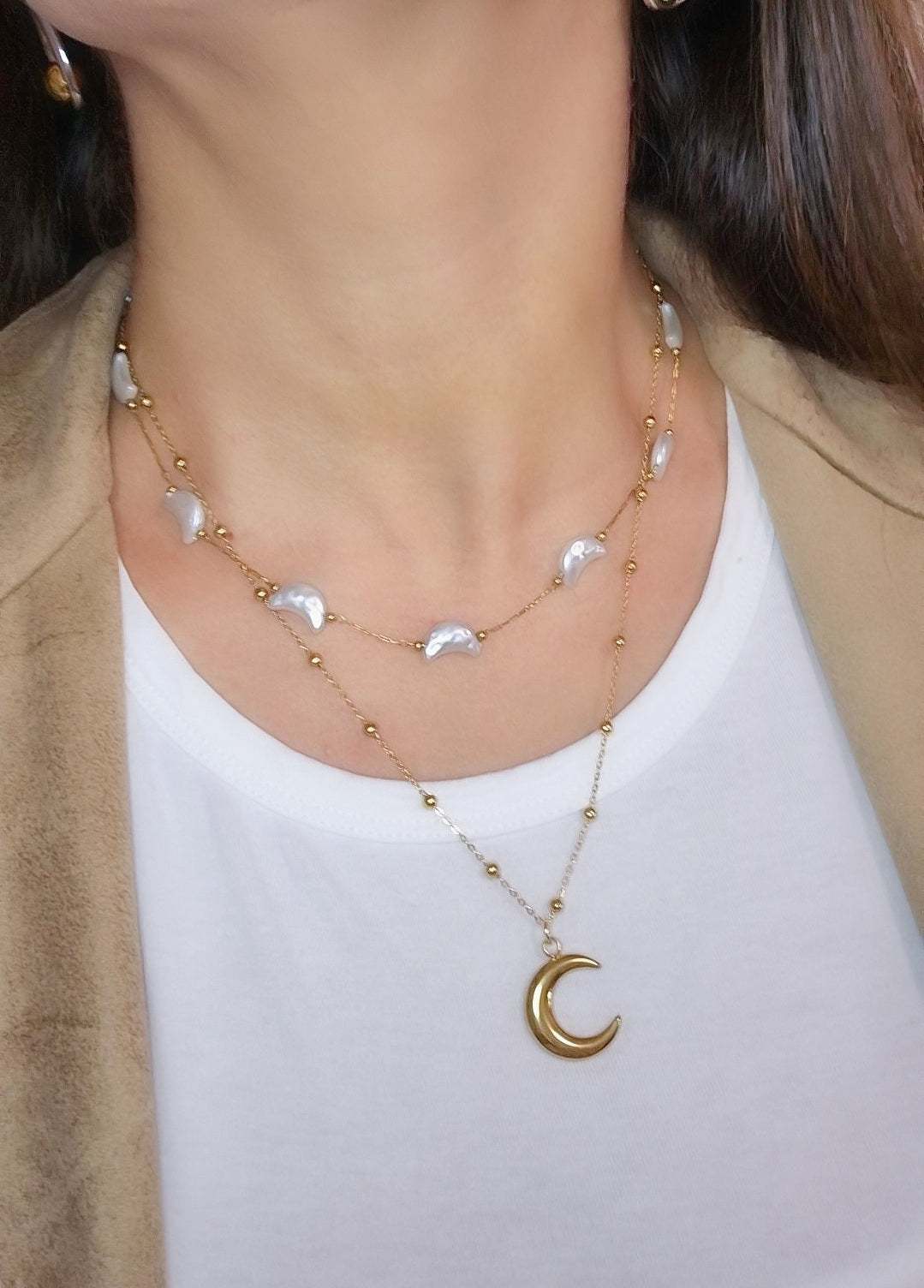 Collana Lune🌙 doppio filo in Acciaio Gold con elementi effetto Madreperla
