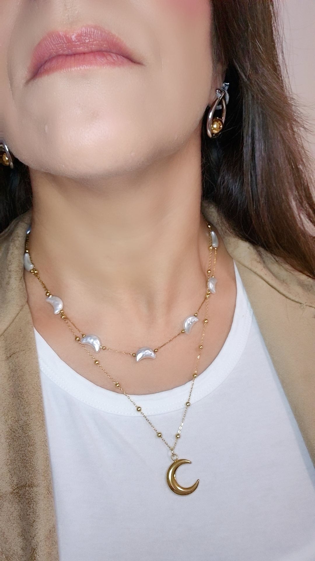 Collana Lune🌙 doppio filo in Acciaio Gold con elementi effetto Madreperla