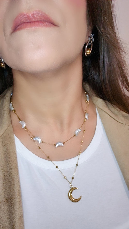 Collana Lune🌙 doppio filo in Acciaio Gold con elementi effetto Madreperla