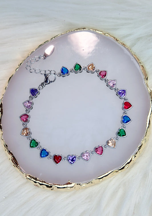 Bracciale Cuori zirconi multicolor in acciaio silver mis. regolabile