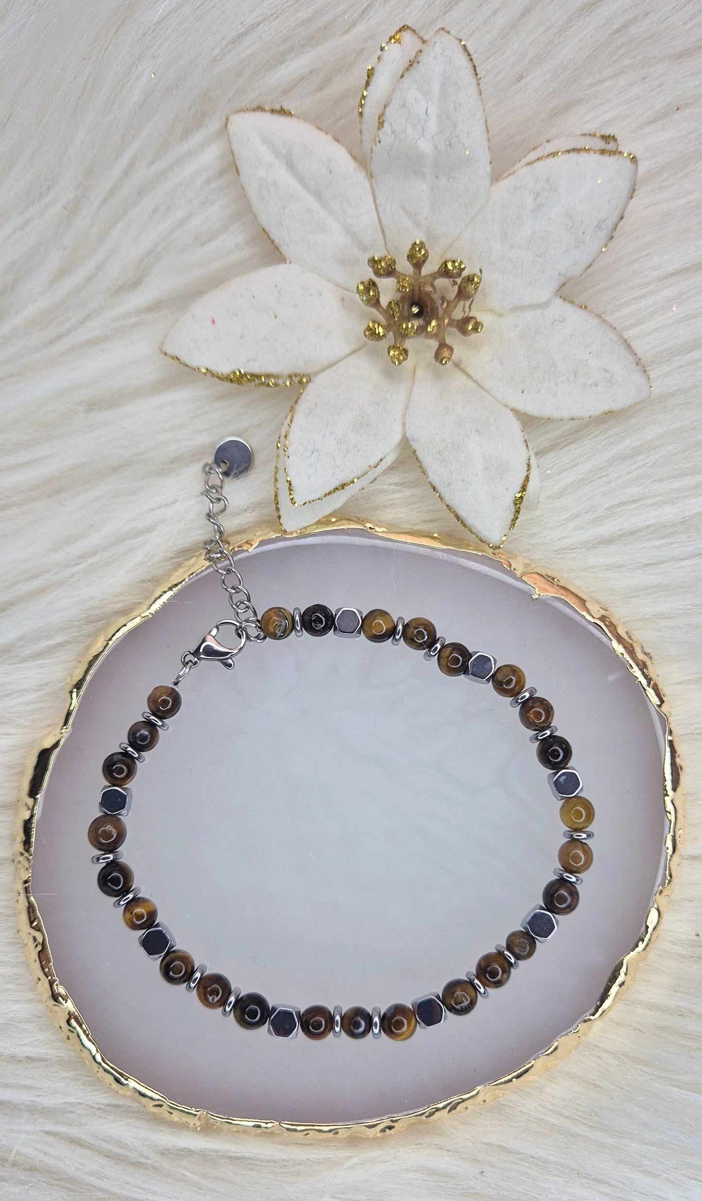 Bracciale Uomo acciaio sfere pietra Occhio di Tigre e rondelle cubo in silver mis.regolabile