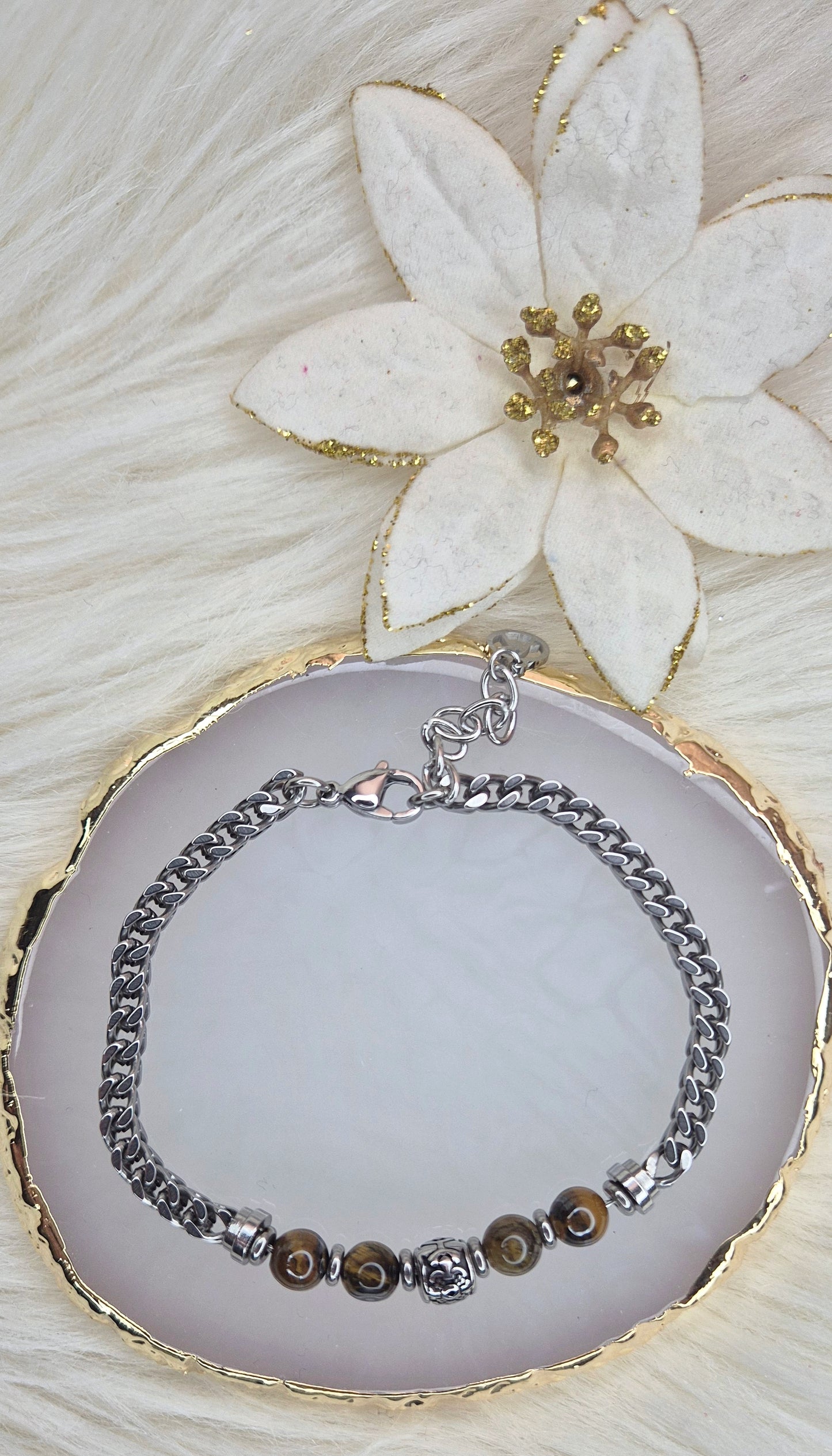 Bracciale Uomo catena rinforzata piatta con pietre Occhio di Tigre al centro. Mis. regolabile