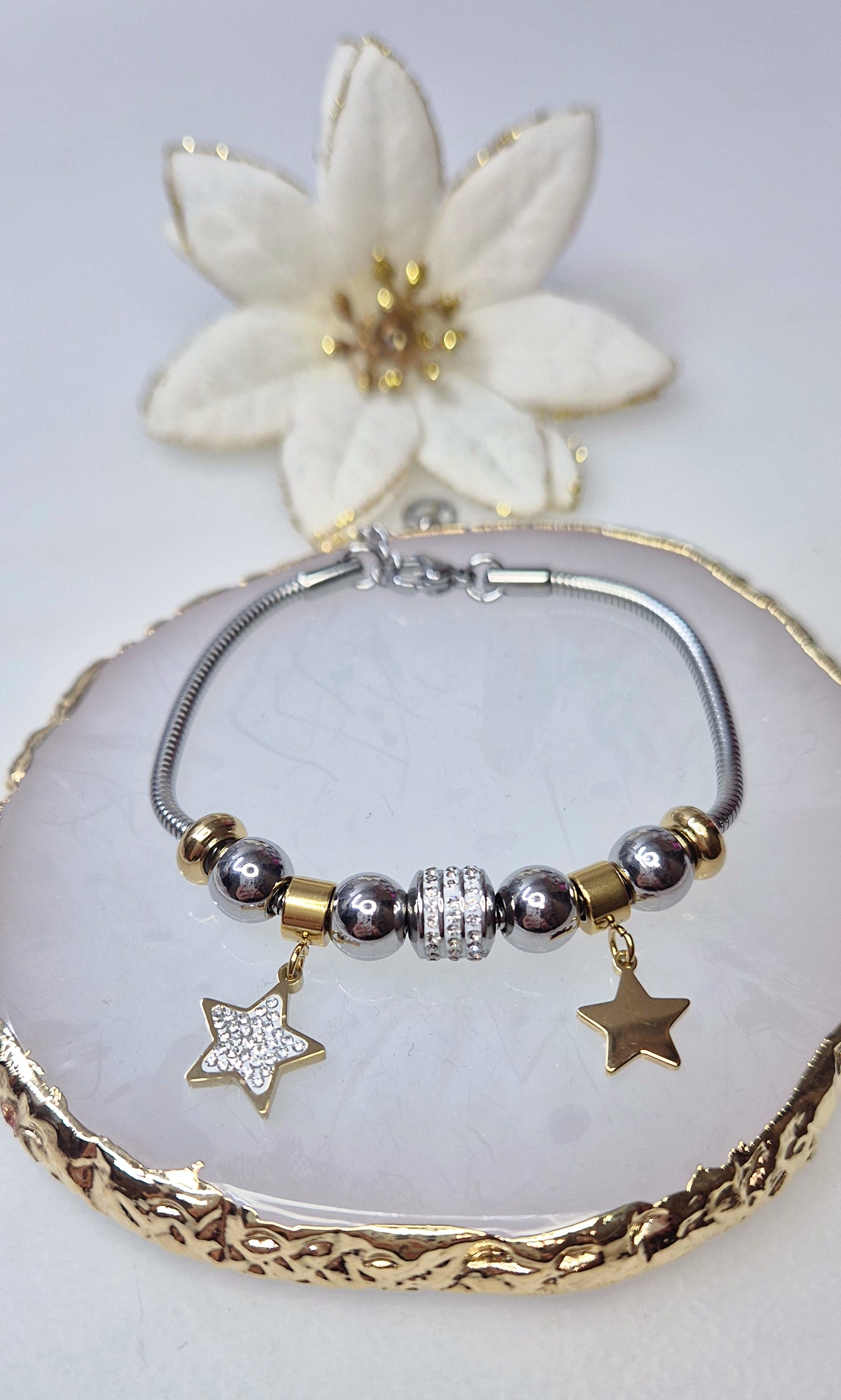Bracciale catena tubolare snake in Acciaio Silver con charms Stelle silver/gold e zirconi crystal mis.regolab.