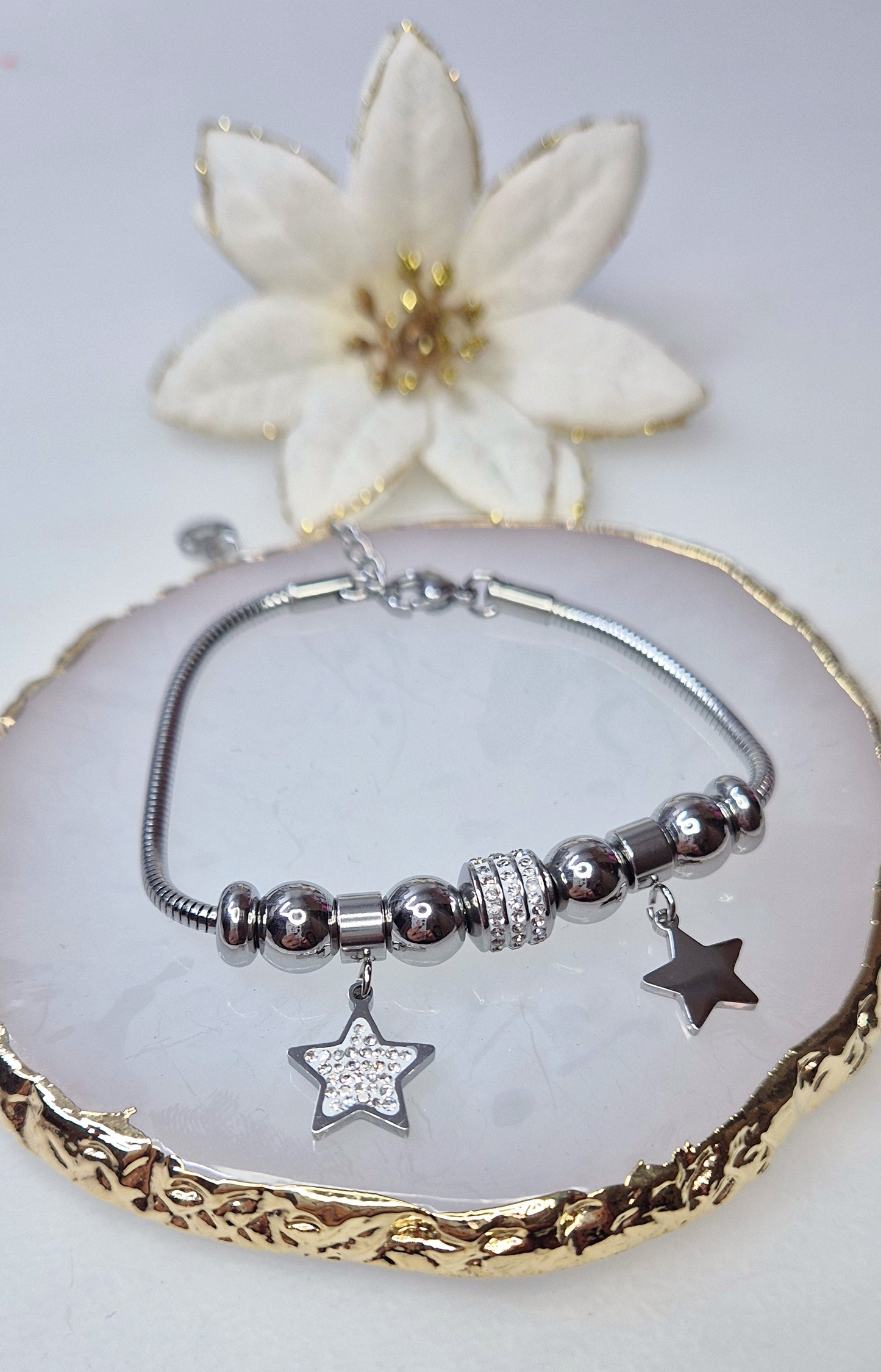 Bracciale catena tubolare snake in Acciaio Silver con charms Stelle silver/gold e zirconi crystal mis.regolab.