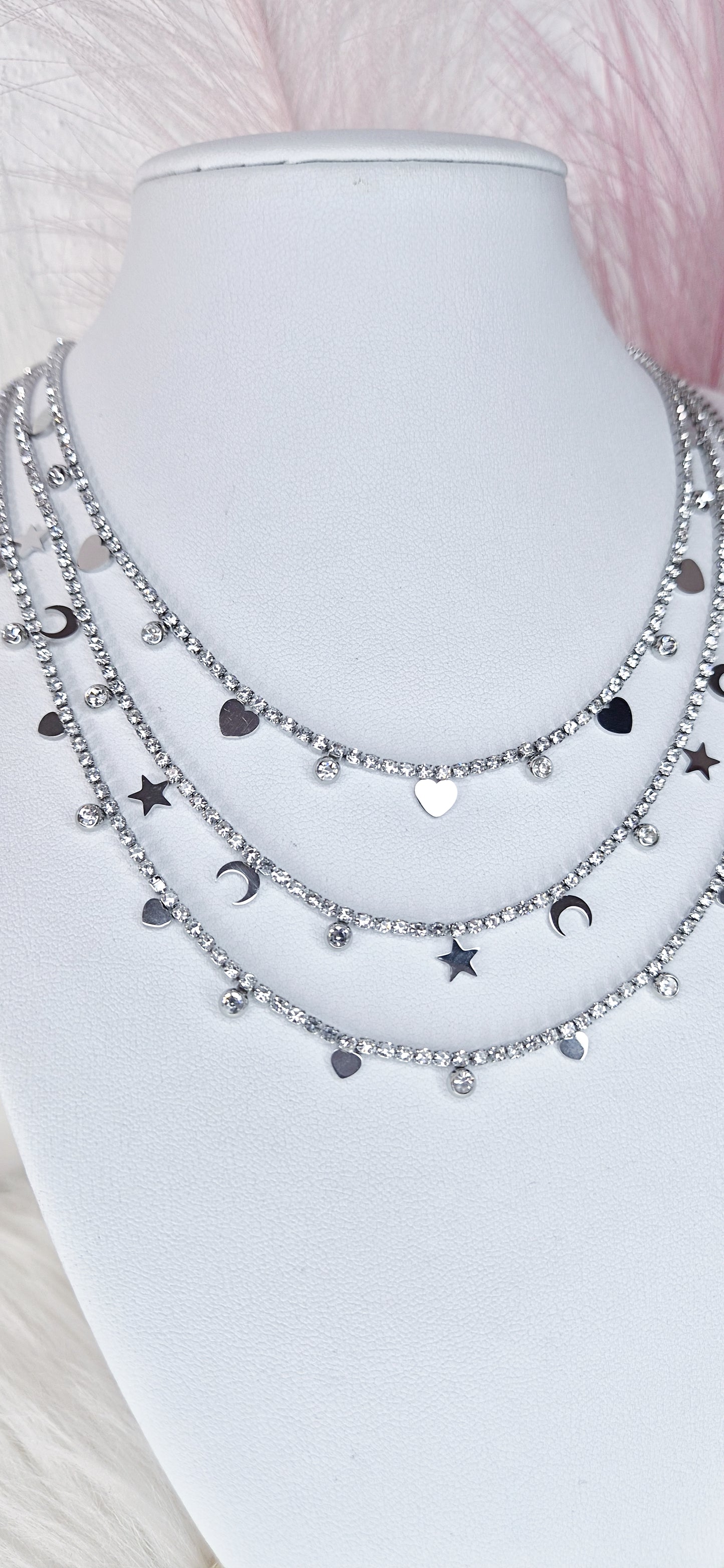 Collana Tennis acciaio silver con zirconi crystal e charms 46cm+estens.regolabile