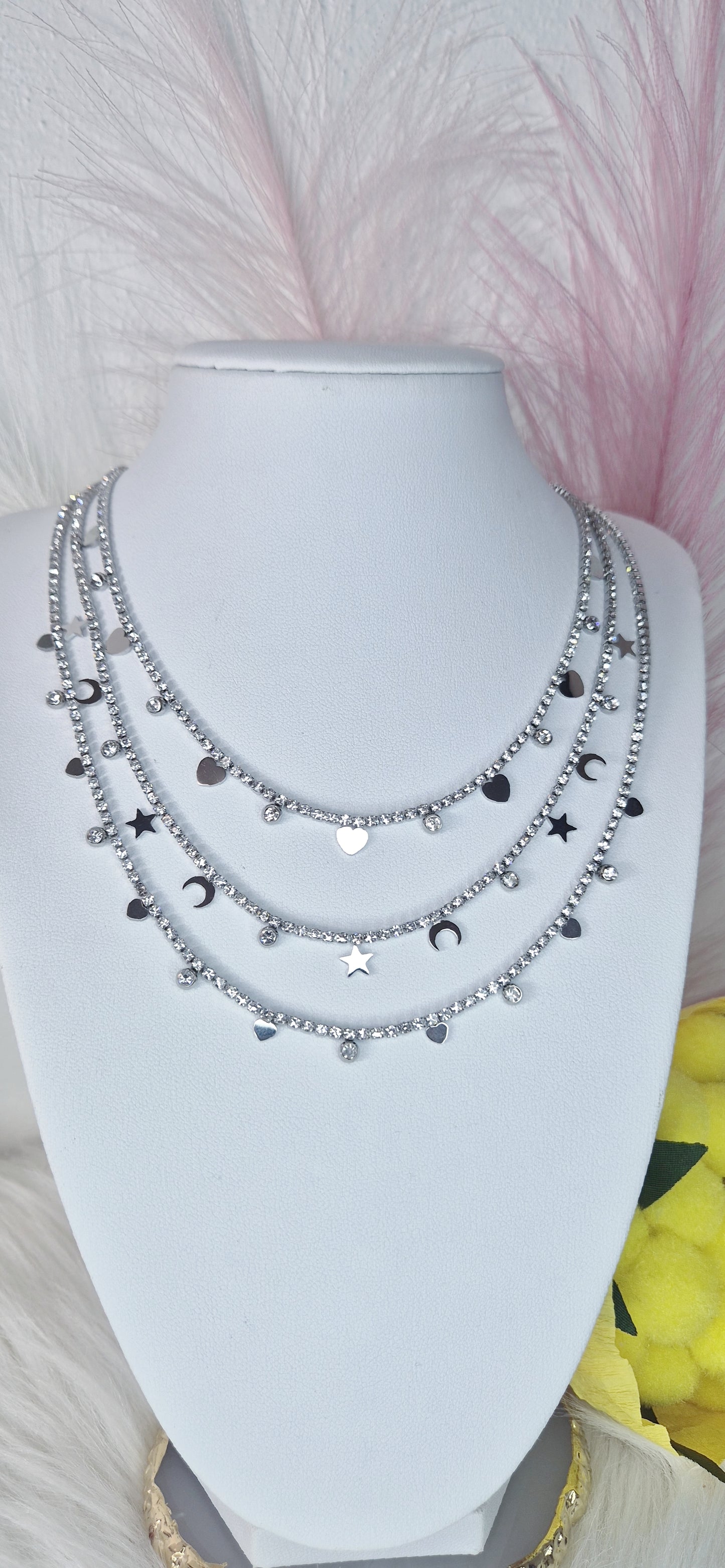 Collana Tennis acciaio silver con zirconi crystal e charms 46cm+estens.regolabile