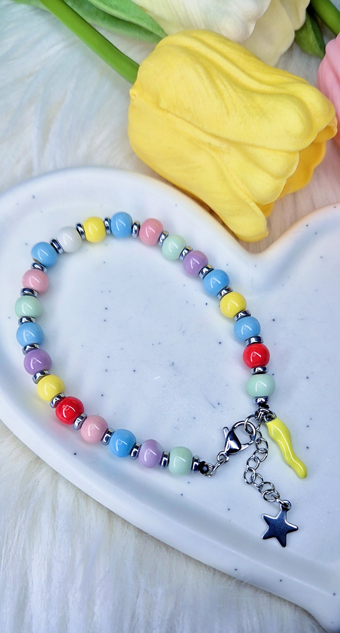 Bracciale Lucky Rainbow🌈 sfere smaltate charms Cornetto & Stellina acciaio silver mis.regolab.