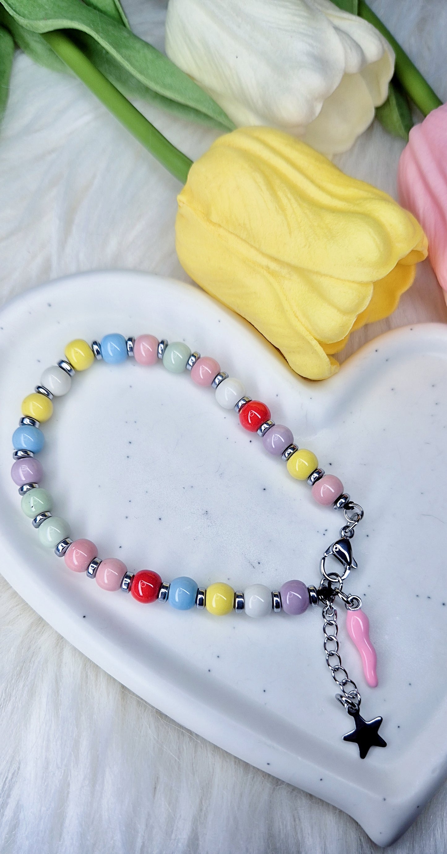 Bracciale Lucky Rainbow🌈 sfere smaltate charms Cornetto & Stellina acciaio silver mis.regolab.