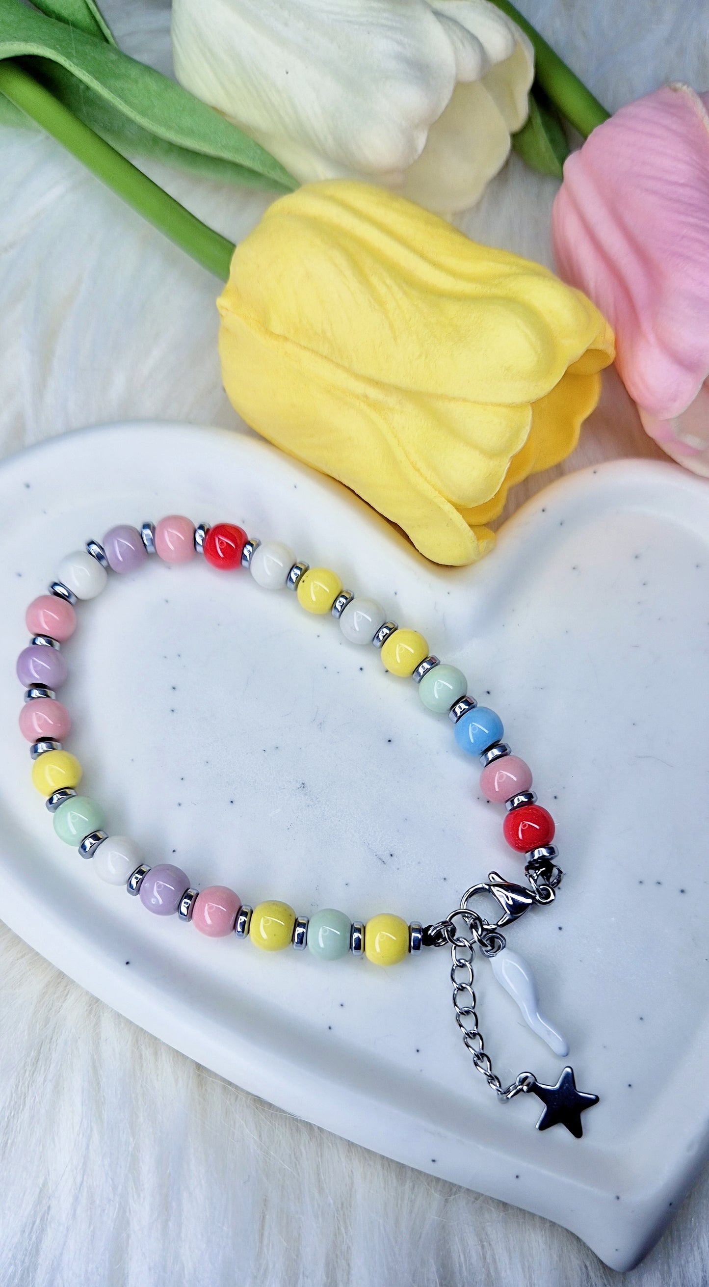 Bracciale Lucky Rainbow🌈 sfere smaltate charms Cornetto & Stellina acciaio silver mis.regolab.