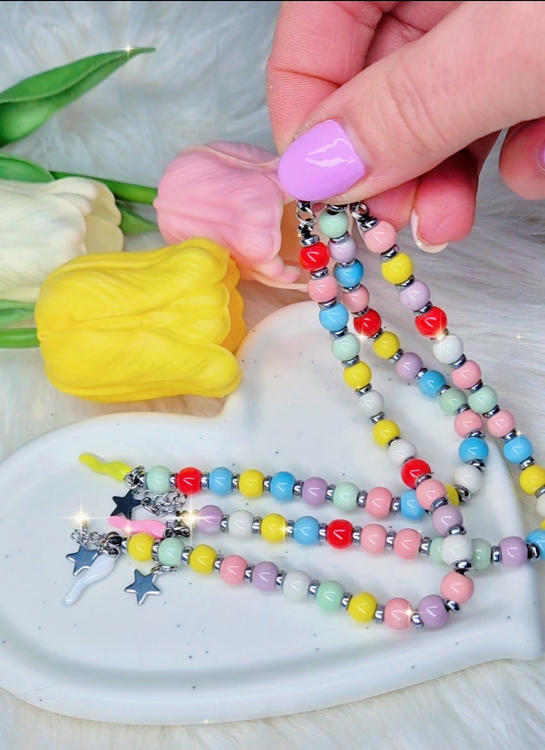 Bracciale Lucky Rainbow🌈 sfere smaltate charms Cornetto & Stellina acciaio silver mis.regolab.