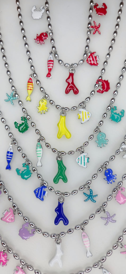 Collana mod. Chicco di Riso in acciaio Silver con pendenti colorati tema Mare 🐙🦀🐠