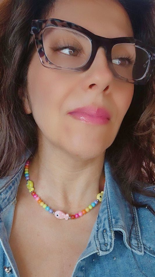 Collana multicolor in versione Fiorellini, Pesciolini o Orsetti Gommosi 40cm chiusura acciaio silver