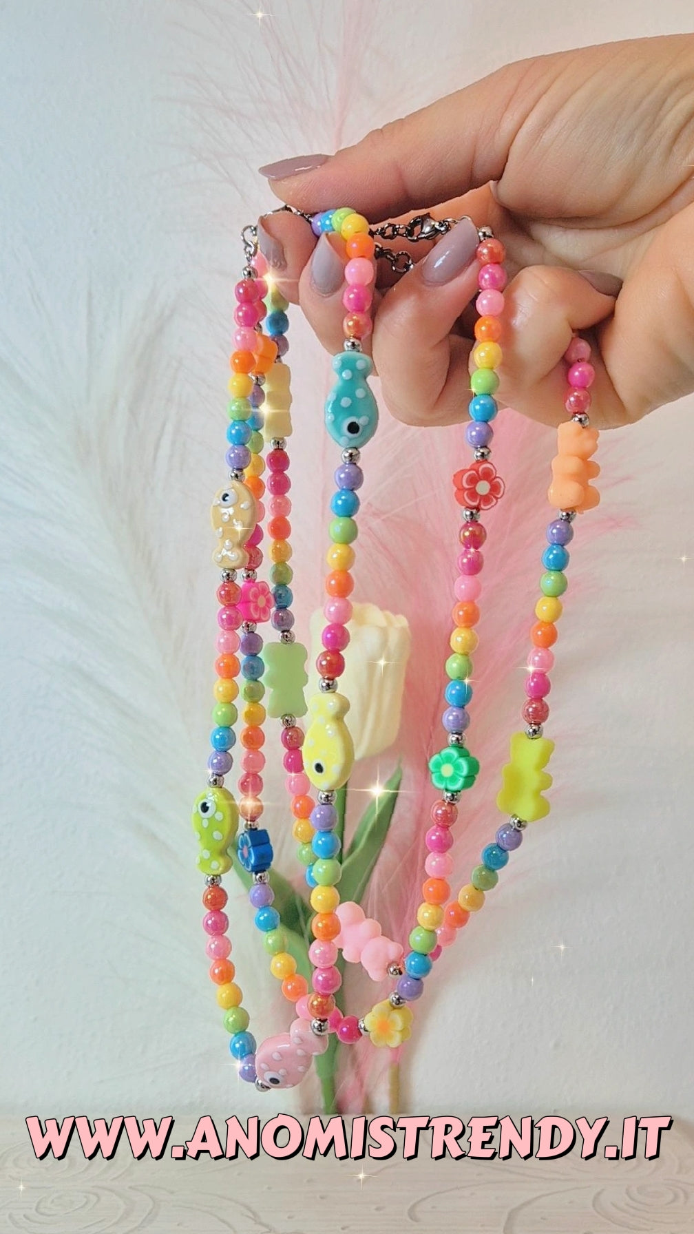 Collana multicolor in versione Fiorellini, Pesciolini o Orsetti Gommosi 40cm chiusura acciaio silver