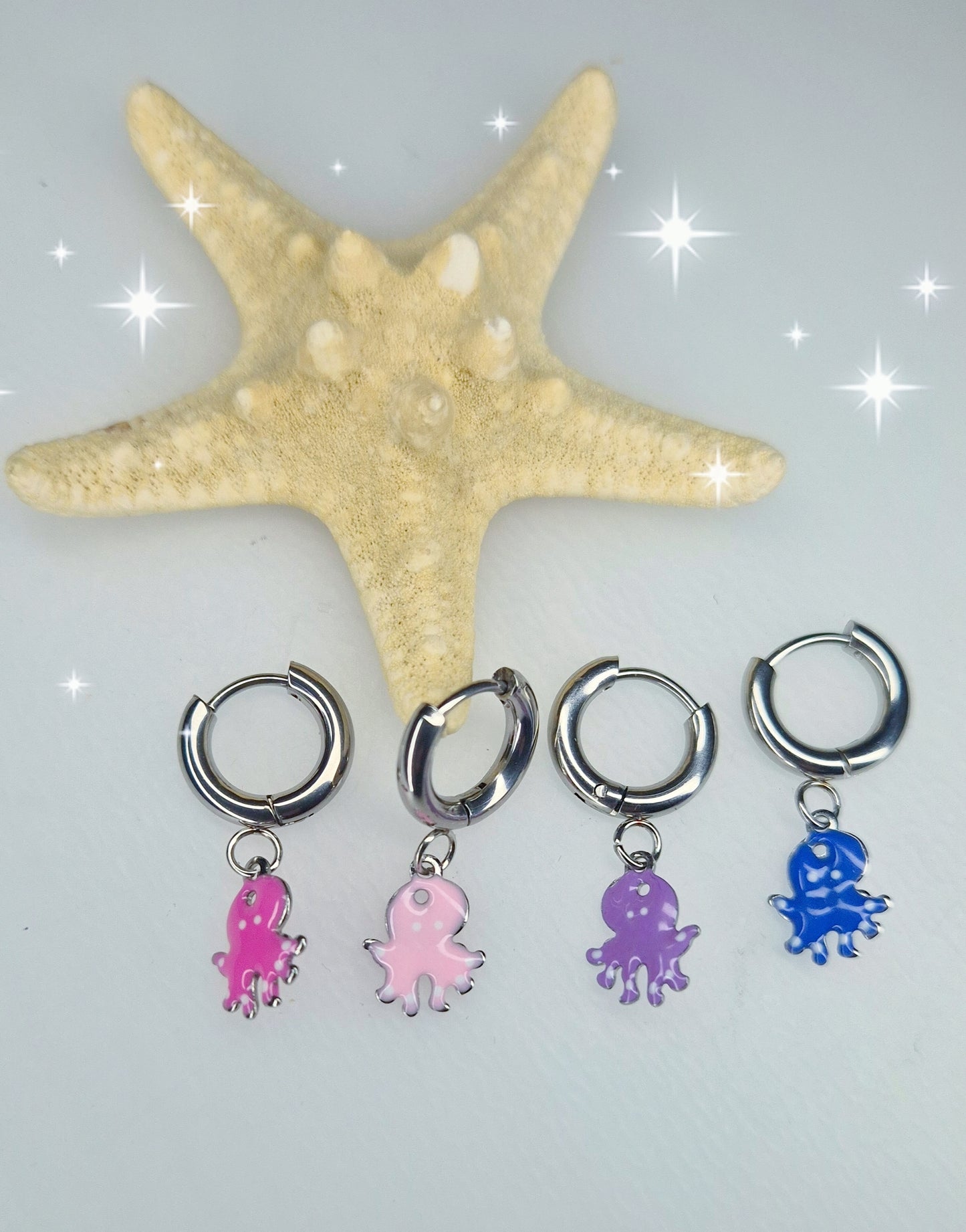Mono Orecchino mini hoops 1cm con pendente smaltato colorato tema mare 100% acciaio silver anallergico
