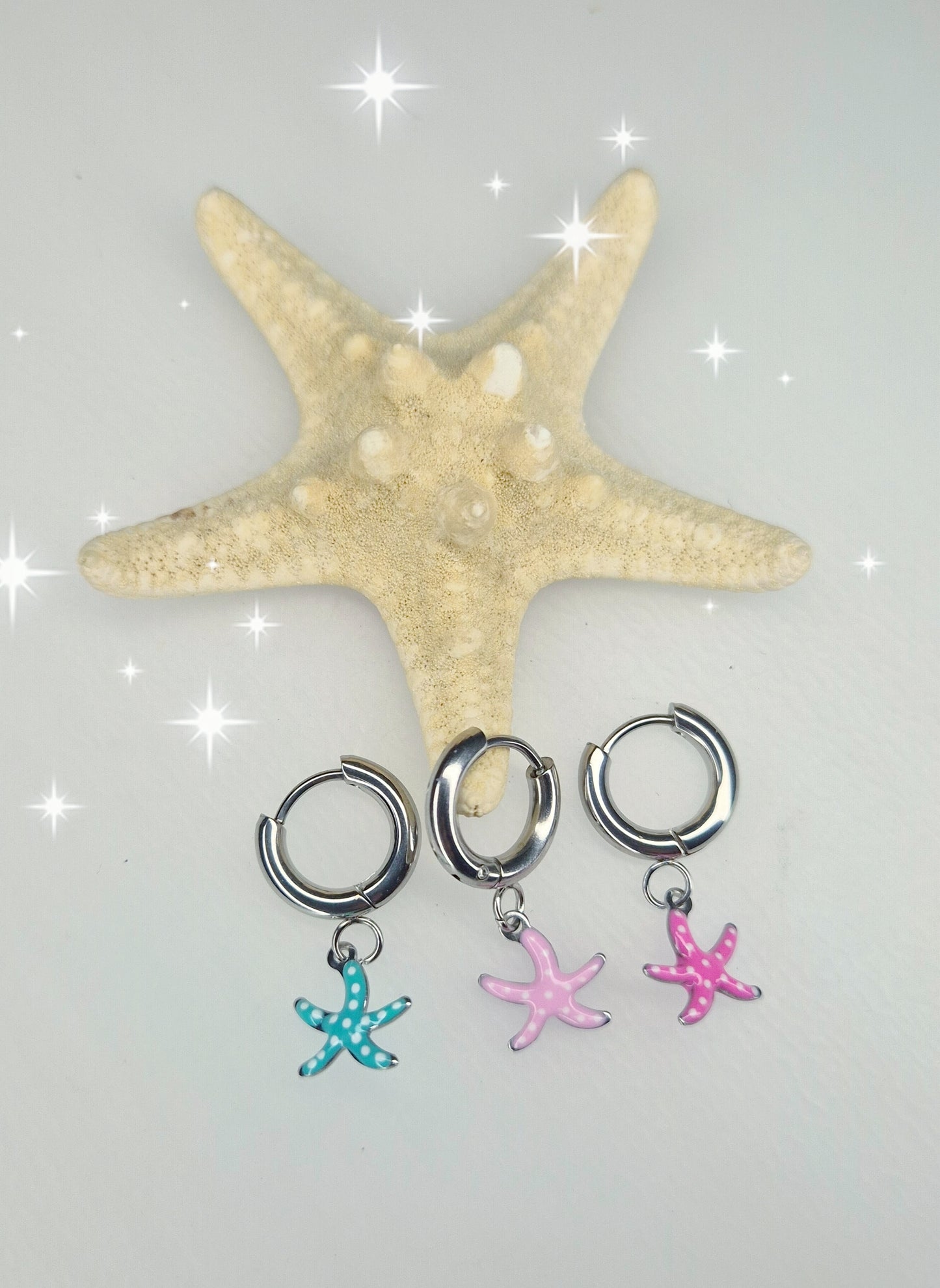 Mono Orecchino mini hoops 1cm con pendente smaltato colorato tema mare 100% acciaio silver anallergico