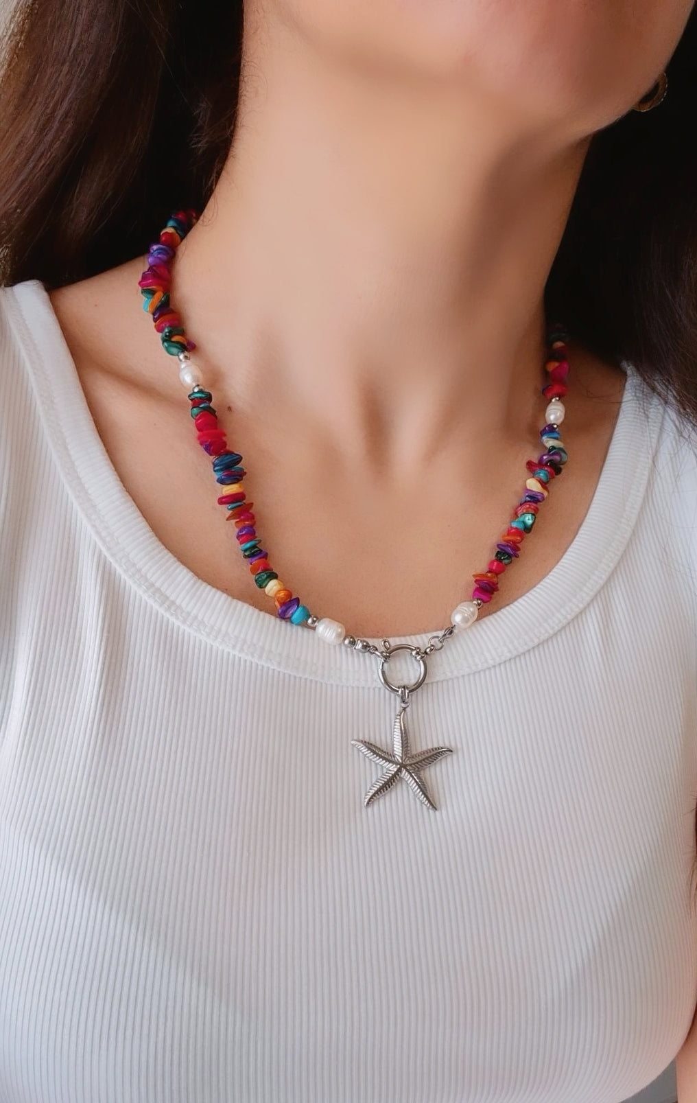 Collana Chips Corallo di Bambù con Perle di fiume e Stella Marina in acciaio Silver o Gold lung. 50/55cm