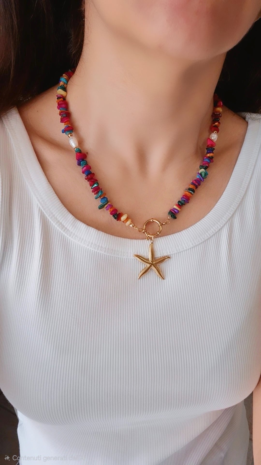 Collana Chips Corallo di Bambù con Perle di fiume e Stella Marina in acciaio Silver o Gold lung. 50/55cm