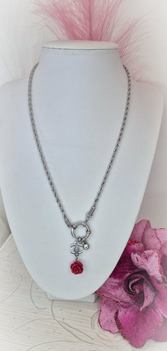 Collana torchon Luxury Romantic Rosa d'Autunno🌹 in acciaio silver chiusura timone con punto luce