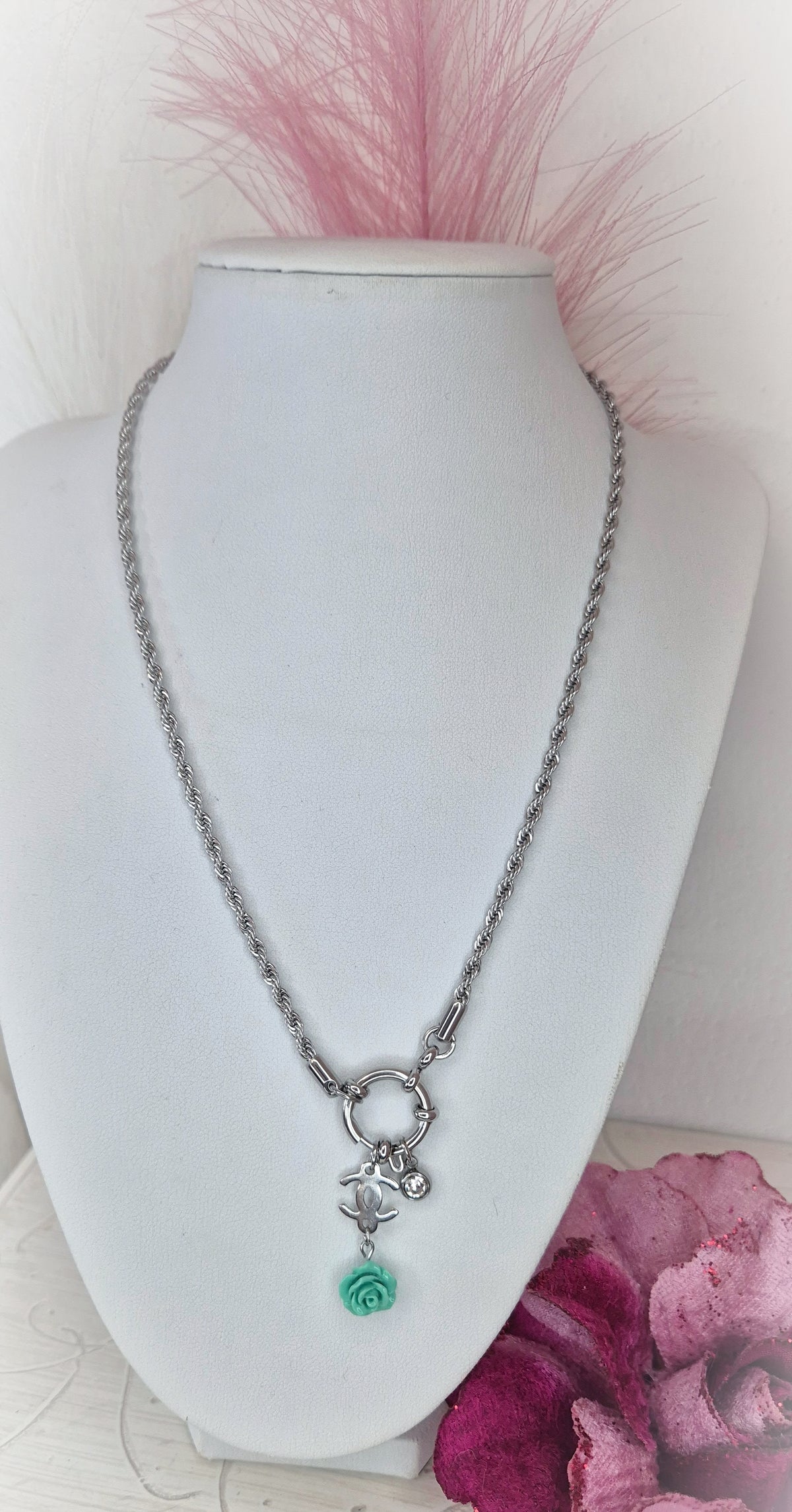 Collana torchon Luxury Romantic Rosa d'Autunno🌹 in acciaio silver chiusura timone con punto luce