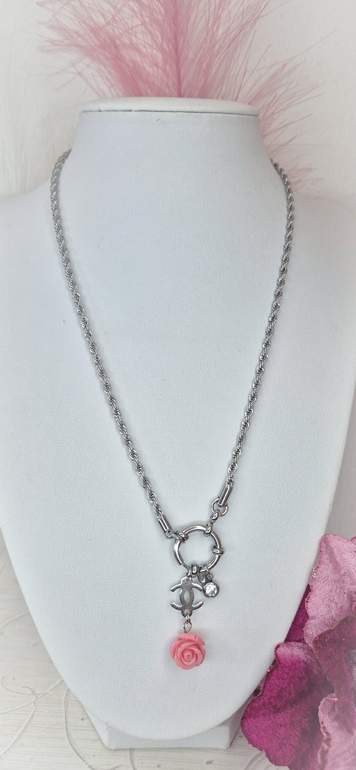 Collana torchon Luxury Romantic Rosa d'Autunno🌹 in acciaio silver chiusura timone con punto luce