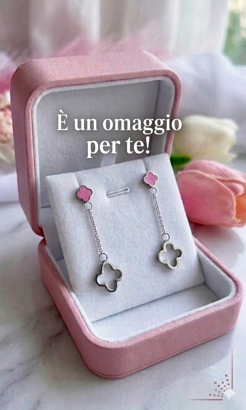 Orecchini stile VanCleef in acciaio silver con quadrifoglio smaltato rosa 🌸