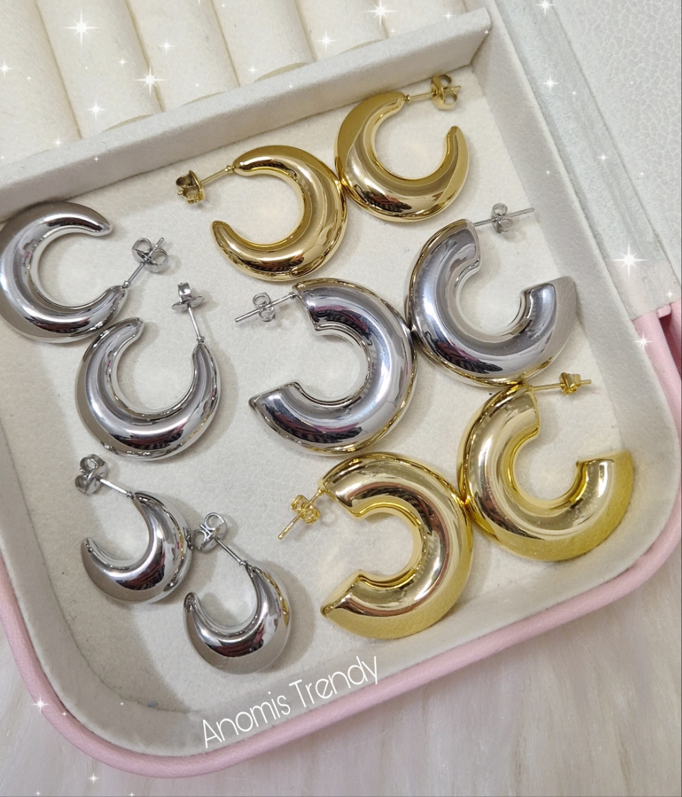 Orecchini cerchi bombati 100% acciaio anallergico Silver o Gold varie misure e modelli