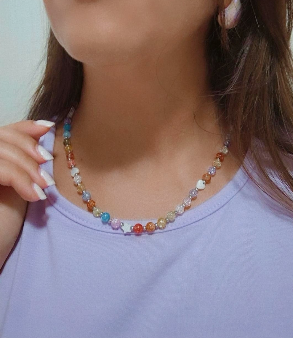 Collana girocollo Soft Rainbow con Cuori e Stelle madreperla e inserti acciaio Silver o Gold