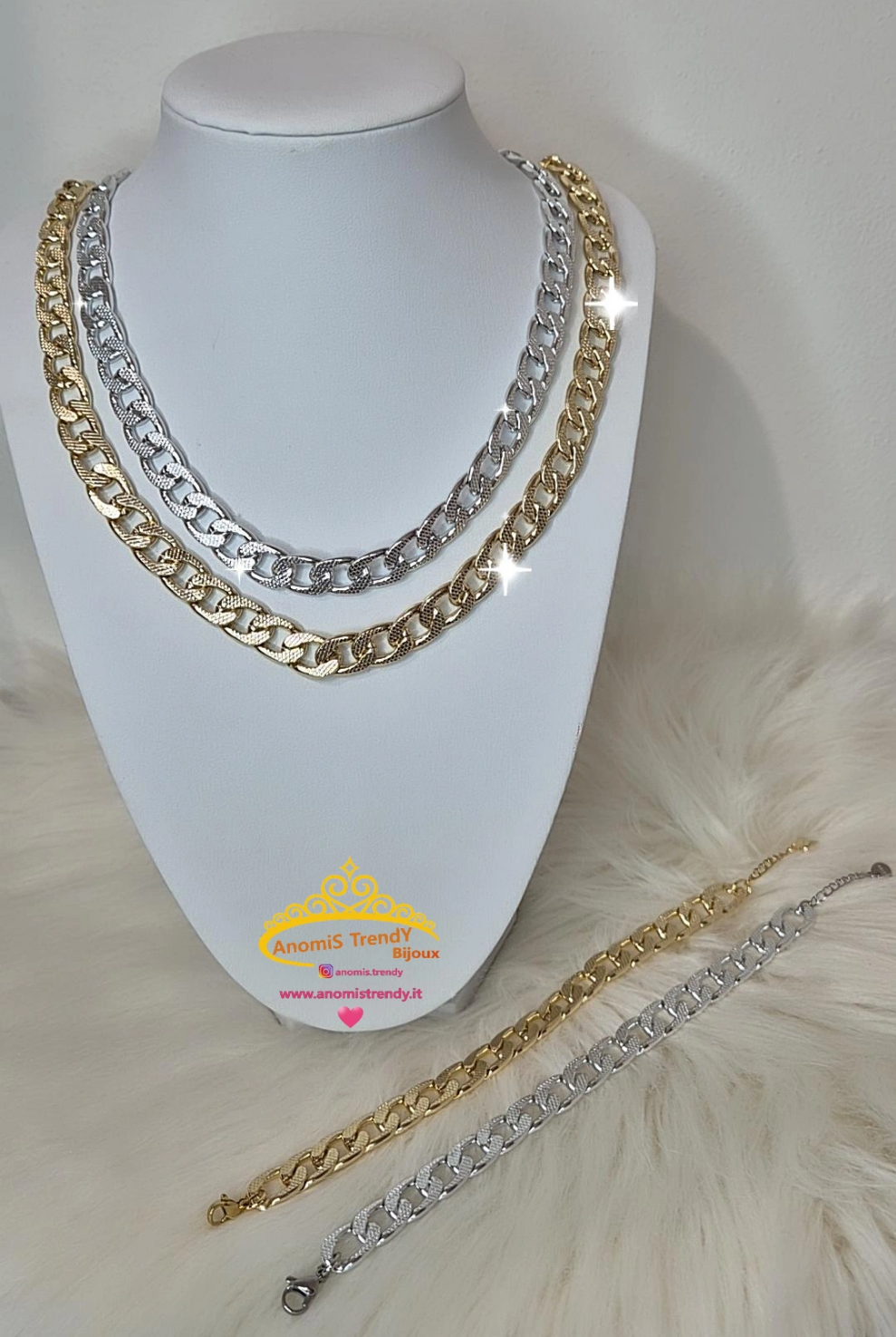 Collana girocollo e Bracciale catena piatta martellata Silver o Gold