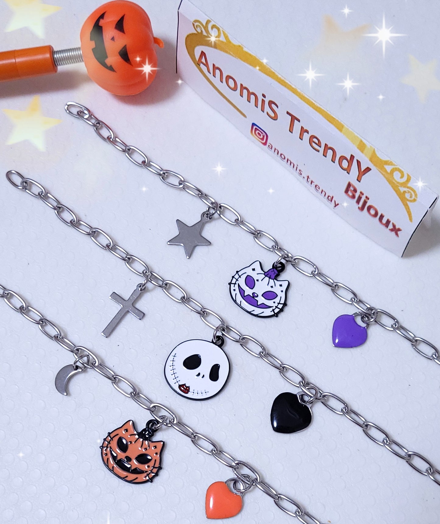 Bracciale catena ovale acciaio con charm Halloween a scelta