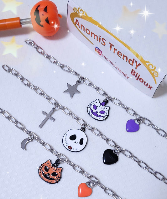 Bracciale catena ovale acciaio con charm Halloween a scelta