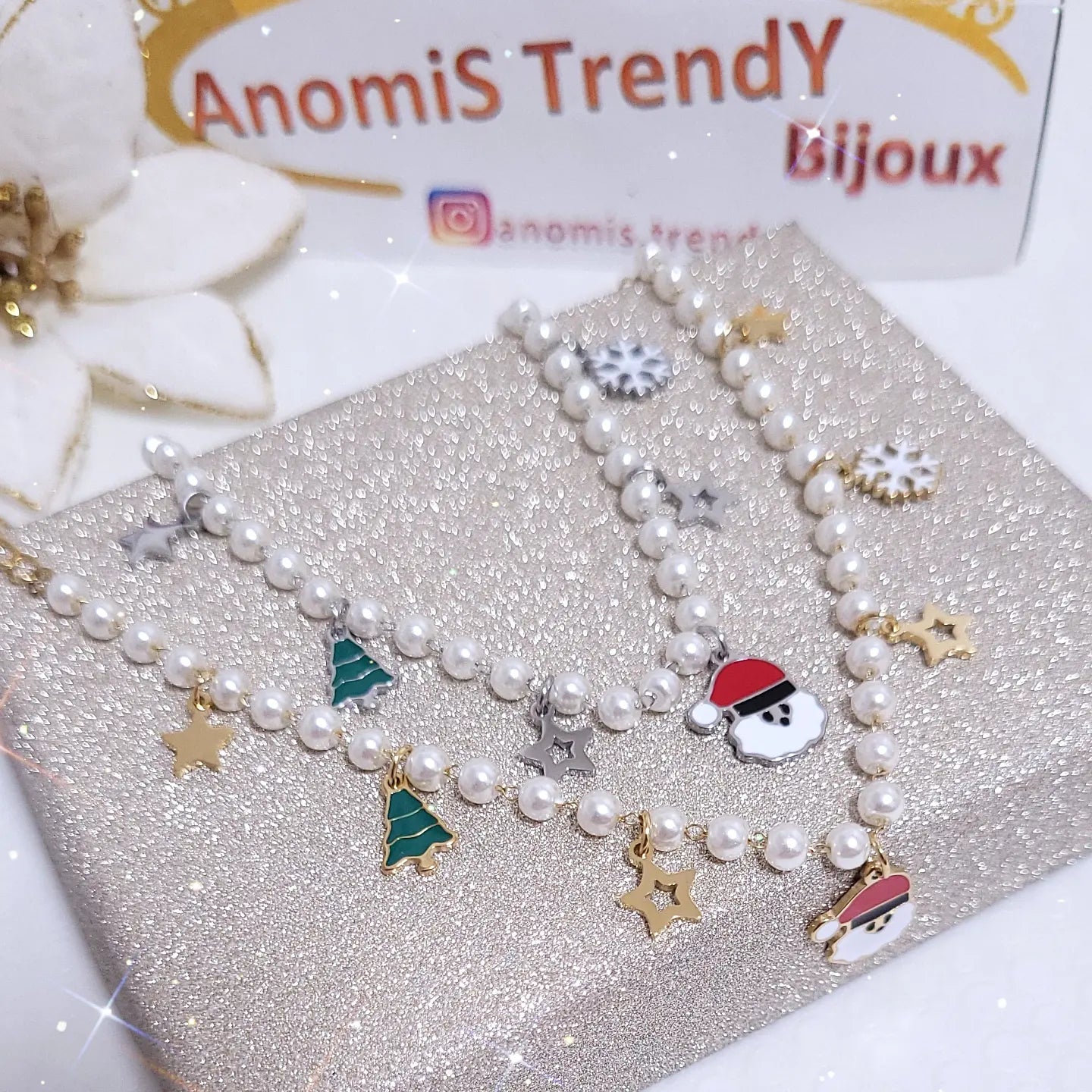 Bracciale catena mini-perline con soggetti Natalizi 🎄 Acciaio argento o dorè