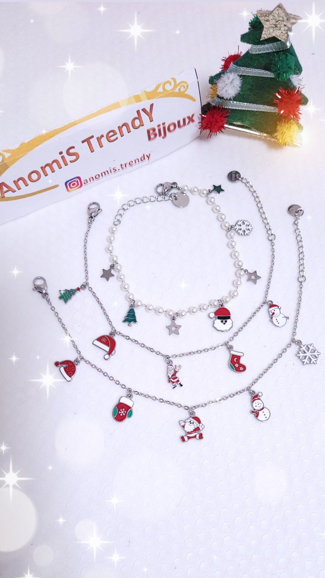 Bracciale Catenina Acciaio o mini Perline con soggetti Natalizi smaltati