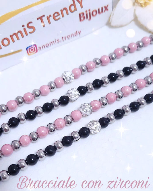 Bracciale regolabile sfere mix acciaio e Nere o Rosa con zirconi al centro