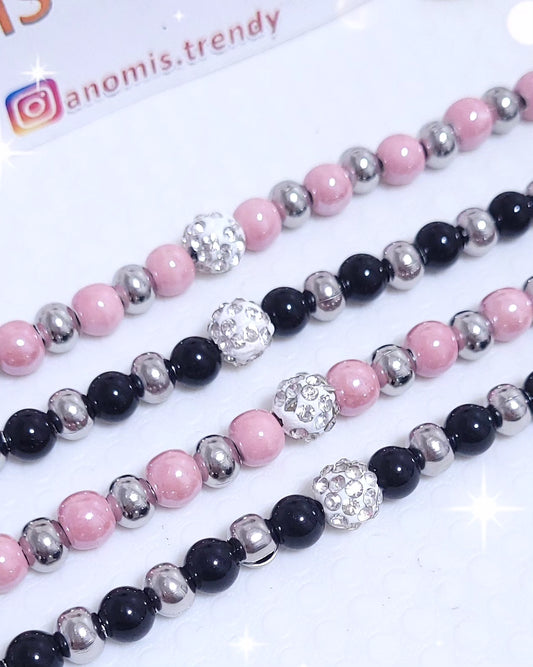 Bracciale regolabile sfere mix acciaio e Nere o Rosa con zirconi al centro