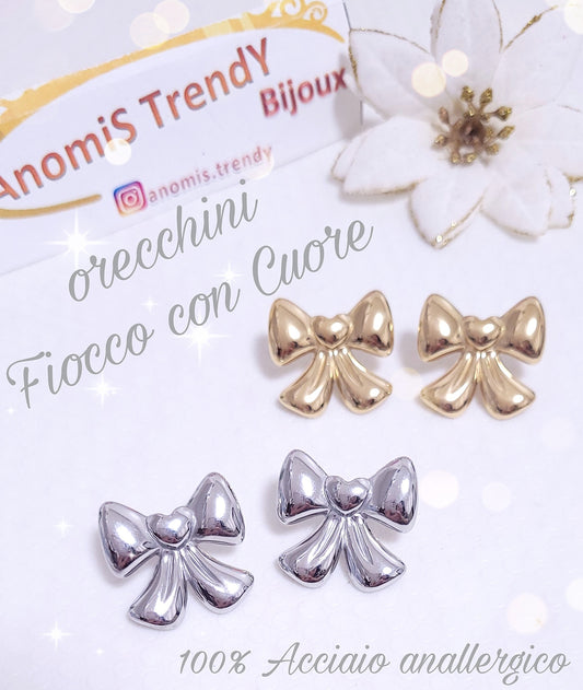 Orecchini Fiocco con cuore Bon ton chic 2.5cm 100% Acciaio anallergico