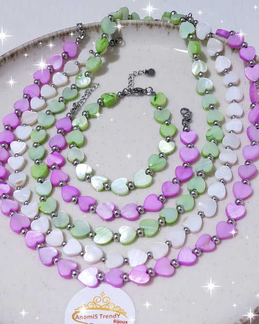 Collana & Bracciale Cuori in conchiglia tipo madreperla e acciaio mis. regolabile
