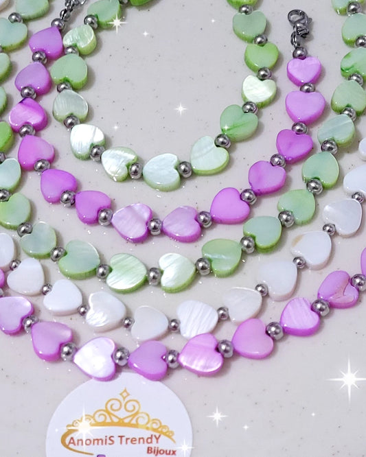 Collana & Bracciale Cuori in conchiglia tipo madreperla e acciaio mis. regolabile