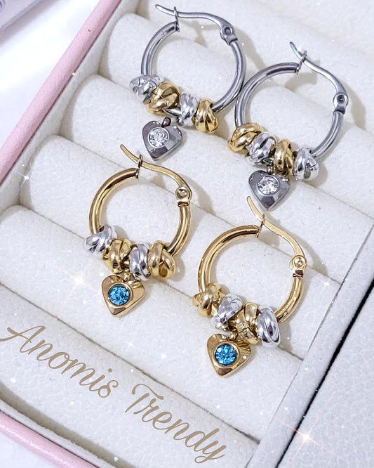 Orecchini cerchi 1.5cm nodini mix e Cuore punto luce 💎 100% acciaio anallergico