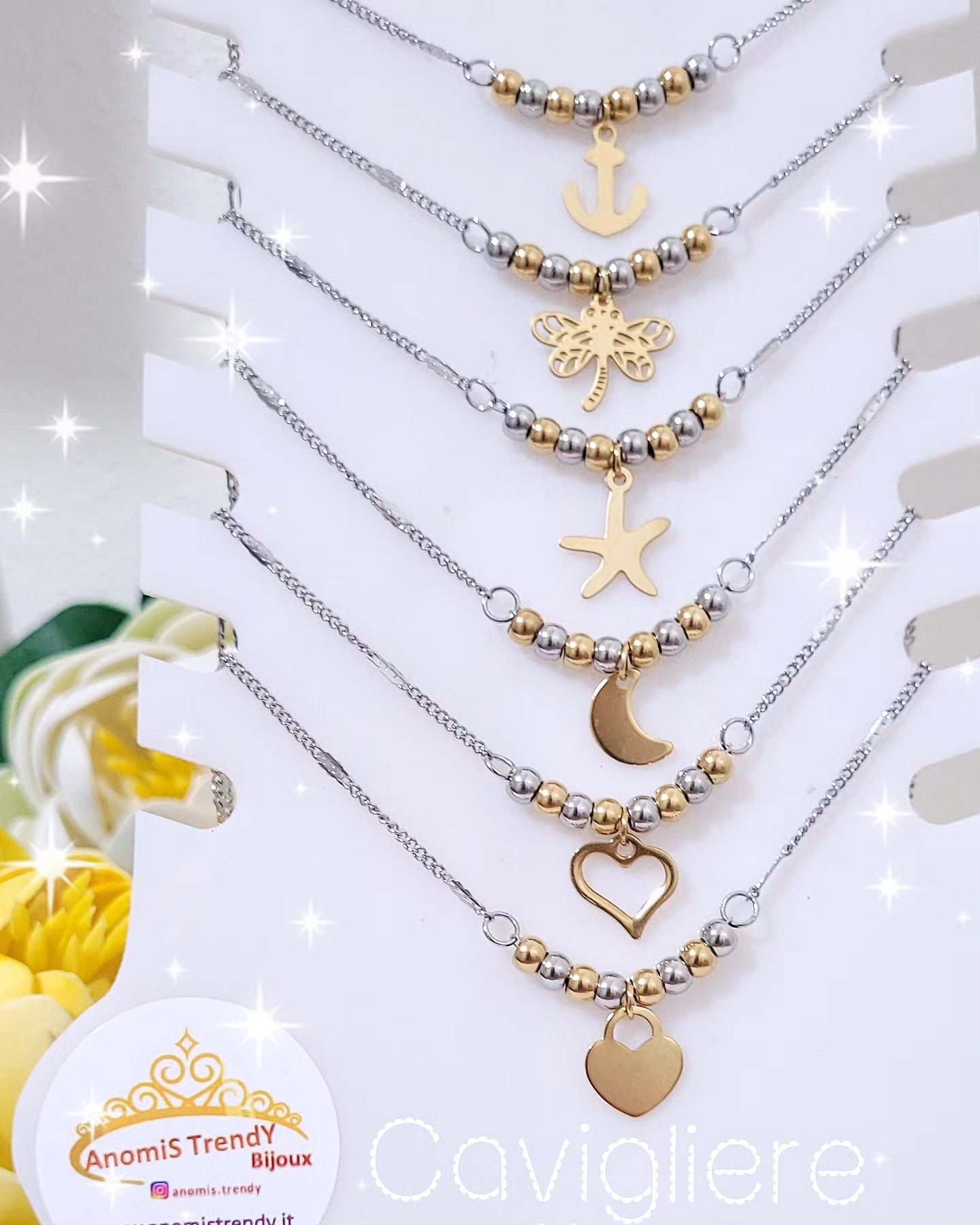 Cavigliera minimal bicolore in acciaio silver con pendente gold