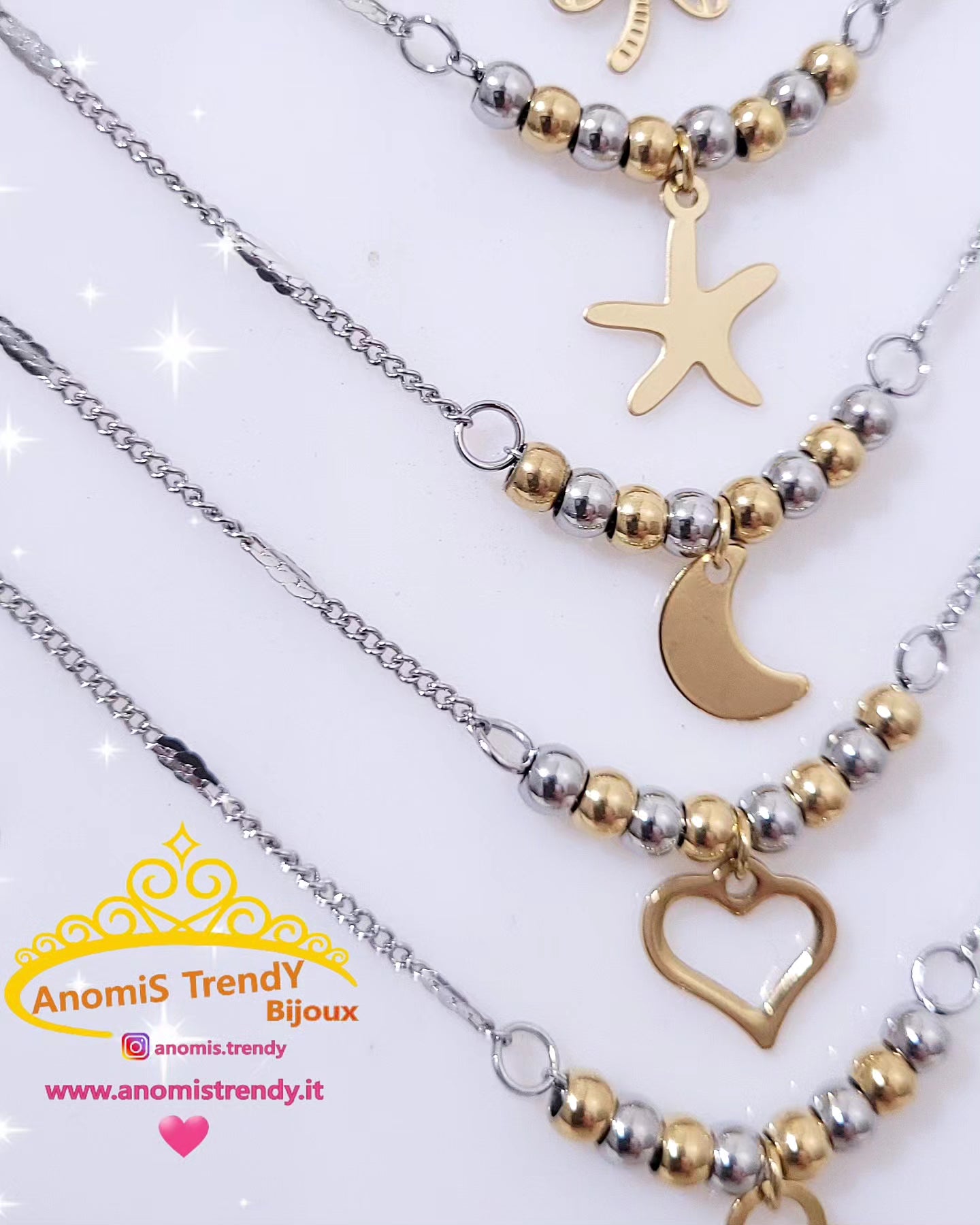 Cavigliera minimal bicolore in acciaio silver con pendente gold