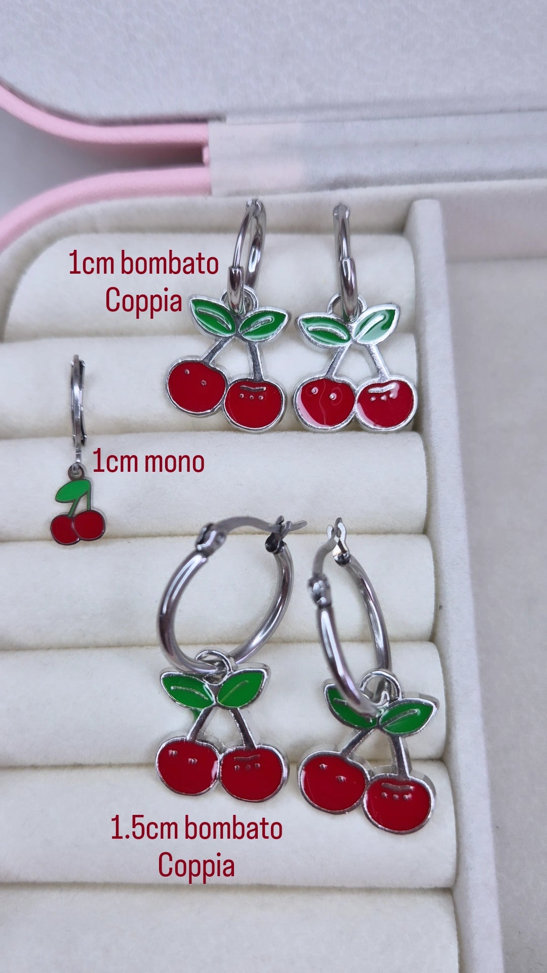Orecchini Ciliegie cerchietti base Silver Acciaio anallergico varie mis.
